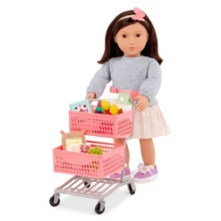 Our Generation Supermarket Play Pink Grocery Shopping Cart & Food Accessory Set For 18'' Dolls