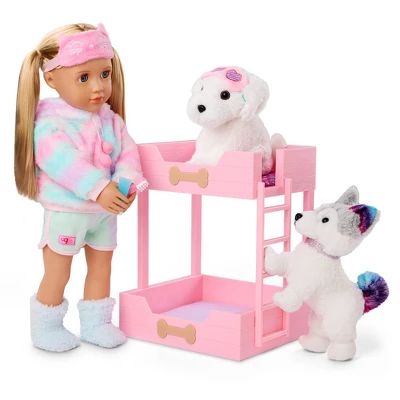 Our Generation Puppy Dreams Pink Bunk Bed With Pet Dog Plush Dollhouse Set: Fits 18" Dolls, Includes 11 Doll Accessories 1 Our Generation Puppy Dreams Pink Bunk Bed With Pet Dog Plush Dollhouse Set: Fits 18" Dolls, Includes 11 Doll Accessories